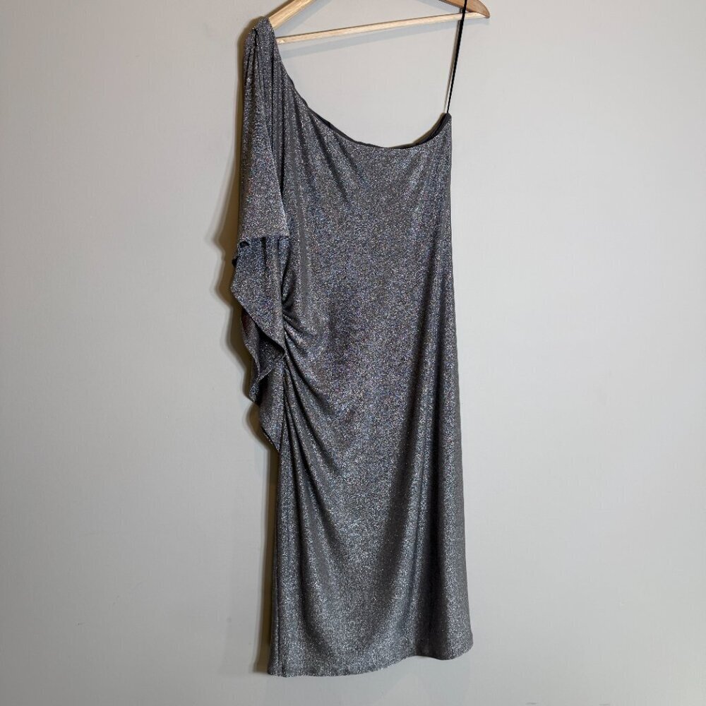 Trina Turk Ratio Ruched One-Shoulder Shimmer Mini Dress Women's XL Silver NWT - Picture 11 of 16